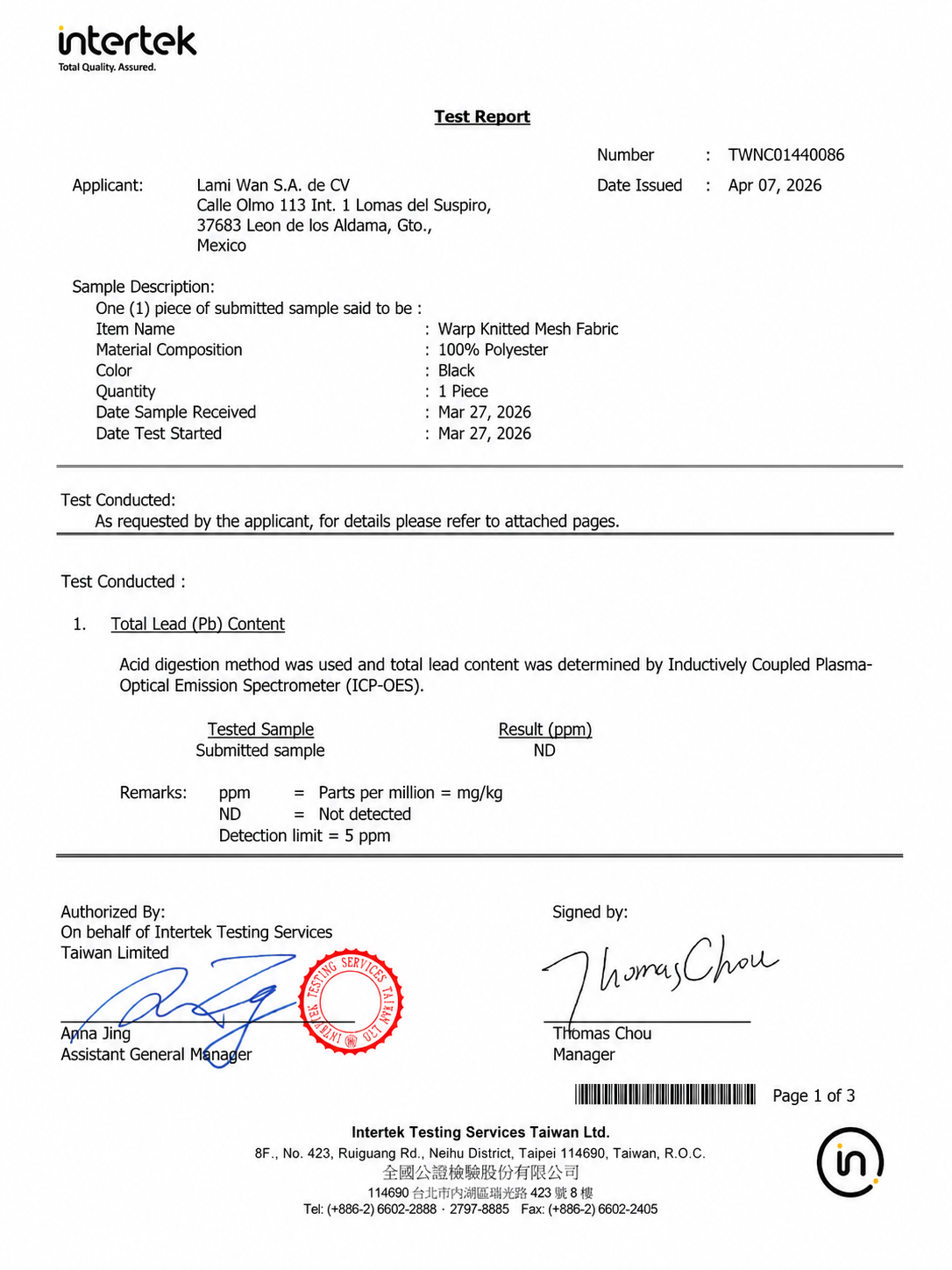 Intertek Lead-Free Test Report